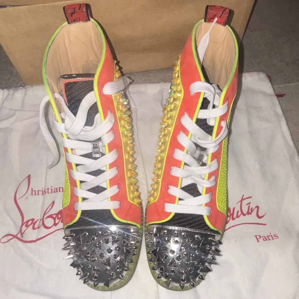 Christian Louboutin Men’s Multicolor Mesh Spiked High-Top Sneakers EU 43